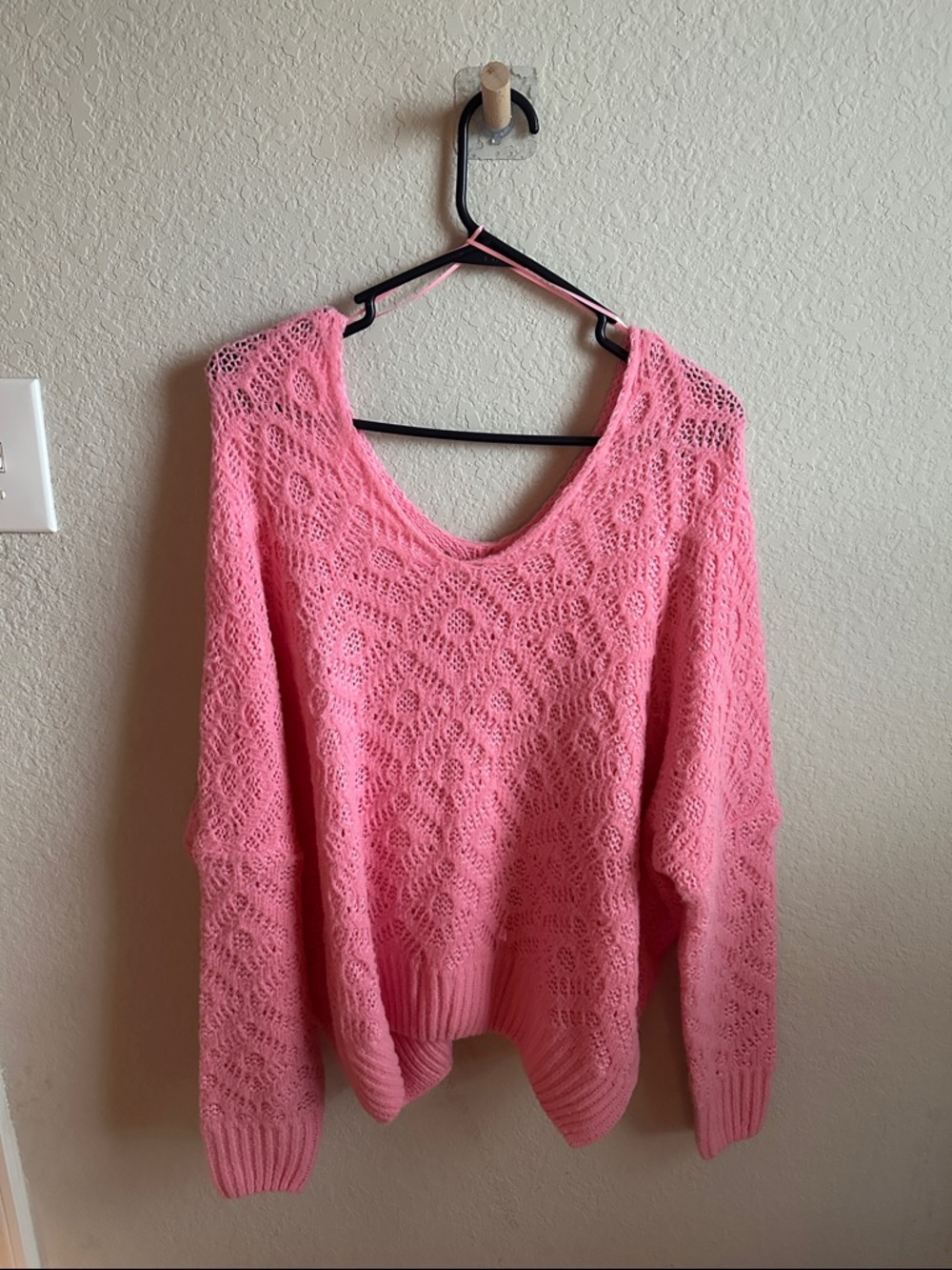 Relaxed Pink Openwork V-Neck Sweater